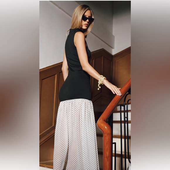 Commense Black Mock Neck Midi Dress Polka Dot Hem Elegant Event Dress NWT Small - Picture 5 of 14